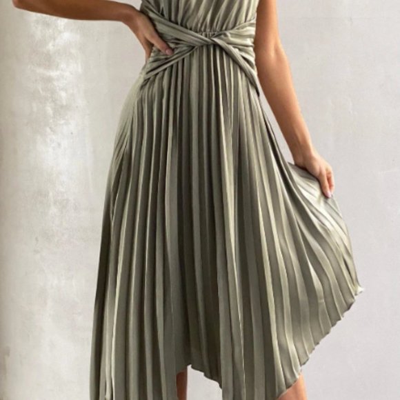 Toperth One Shoulder Pleated Midi Dress - Olive - Picture 1 of 3